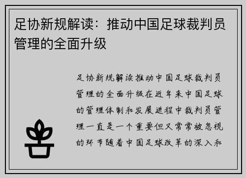 足协新规解读：推动中国足球裁判员管理的全面升级